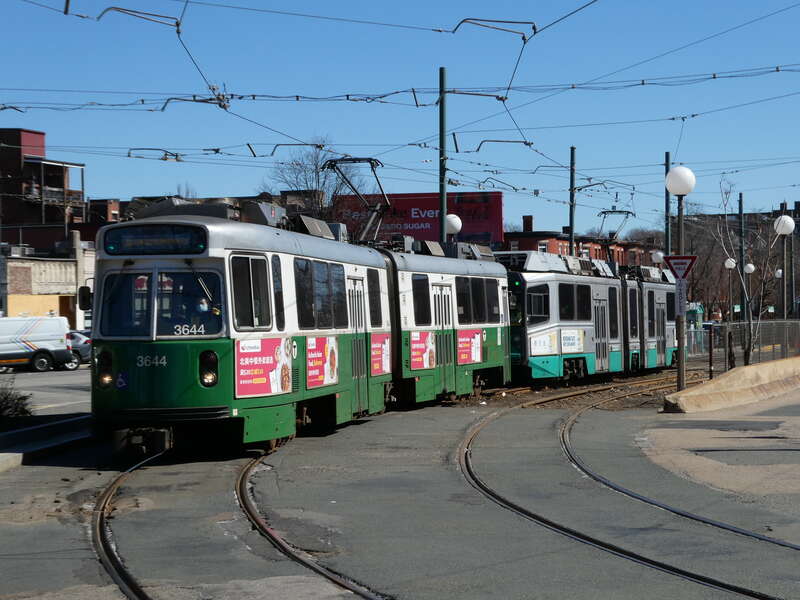 A non-revenue train leaving Cleveland Circle for Reservoir Yard in March 2022