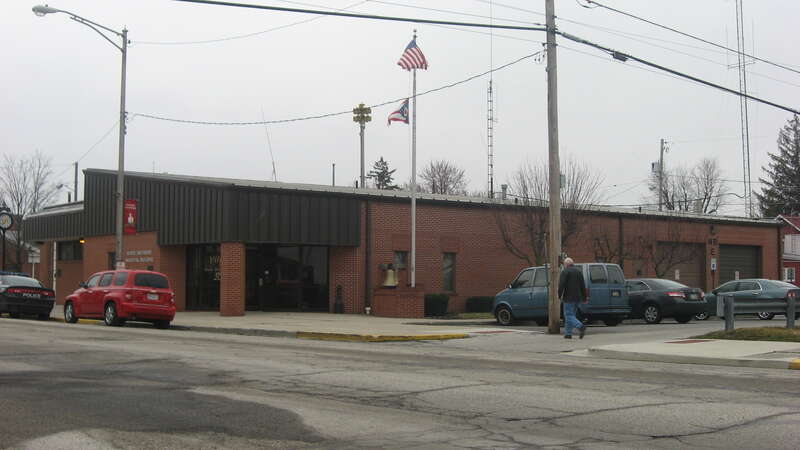 Front and northern side of the North Baltimore Town Hall, located at 207 N. Main Street in North Baltimore, Ohio, United States.  The previous town hall, located on the same site, was built in 1890 and destroyed in 1985; it was listed on the National