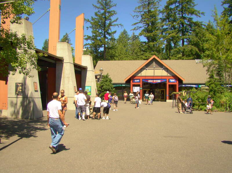 Oregon Zoo, Portland, Oregon, USA. The main entrance and zoo shop is shown from inside the zoo.