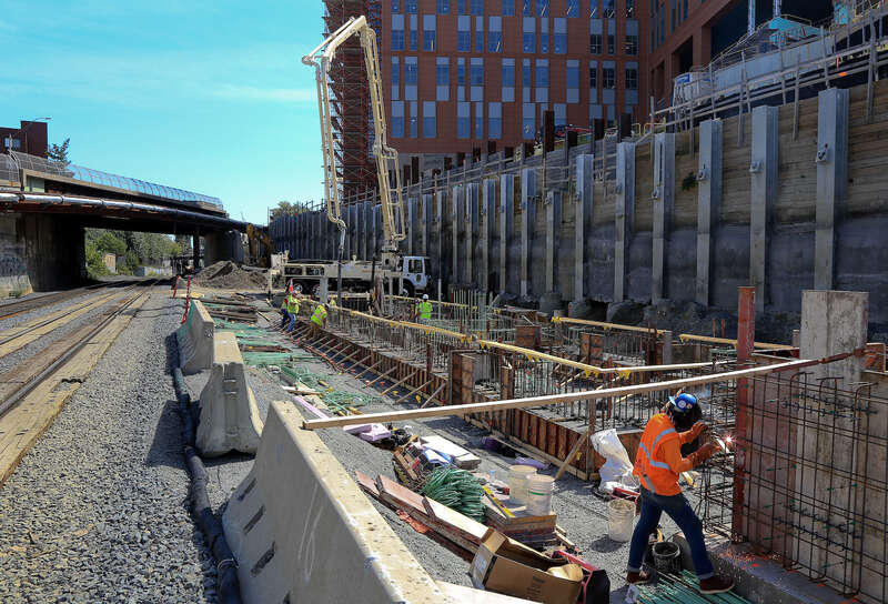 Platform construction at Gilman Square station in September 2020