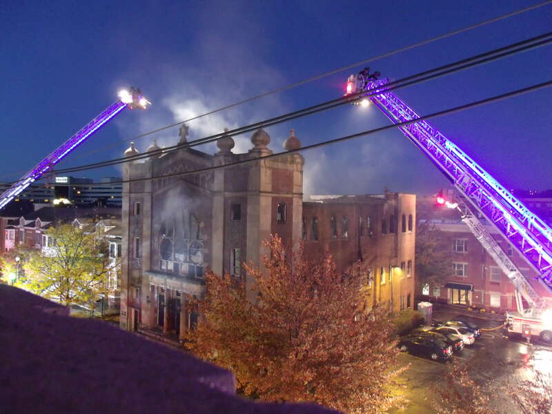 The Poile Zedek Synagogue, New Brunswick, NJ, on the evening of October 23, 2015, having been thoroughly gutted by fire.
