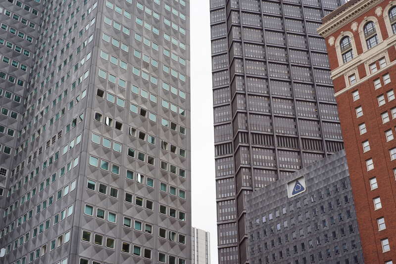 Architectural details of the w:Regional Enterprise Tower and w:U.S. Steel Tower and w:Omni William Penn Hotel in Pittsburgh as seen from Sixth Avenue and William Penn Pl.
