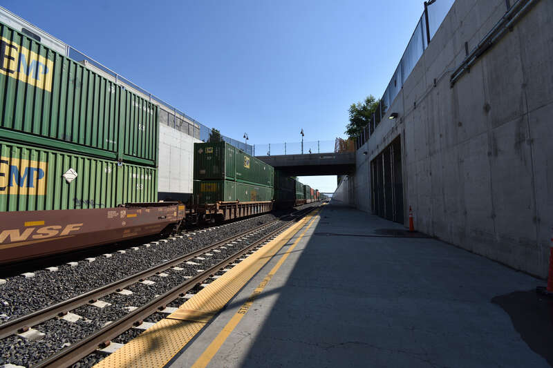 A double-stack container train at Reno station in August 2022