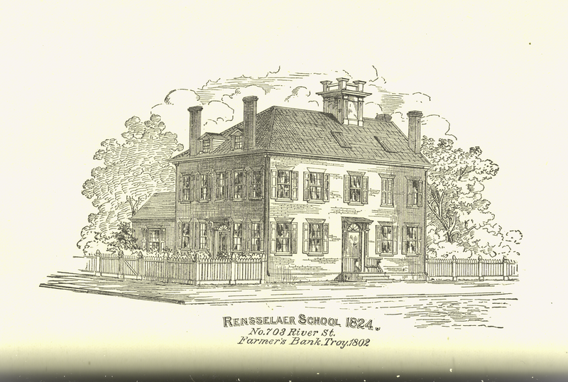 The original Rensselaer School, started by Stephen Van Rensselaer III, which eventually evolved into Rensselaer Polytechnic Institute, in Troy, New York, United States. Based on the engraving, the building was located at 703 River Street in Troy.