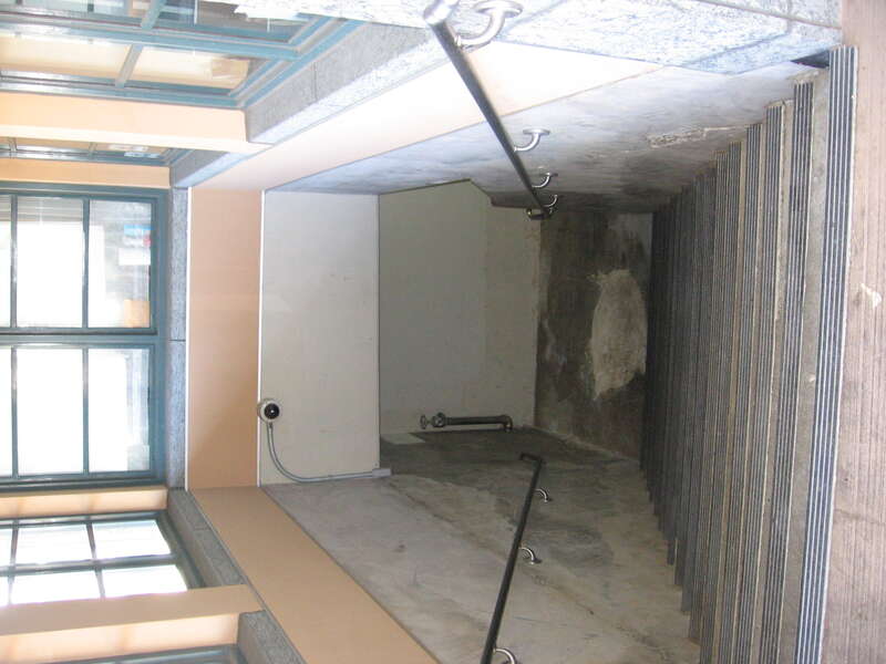 Steps down to the parking garage at the San Mateo (Caltrain station) in downtown San Mateo, California.