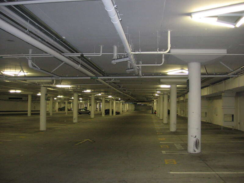 The underground parking garage beneath the San Mateo (Caltrain station) in downtown San Mateo, California, USA.