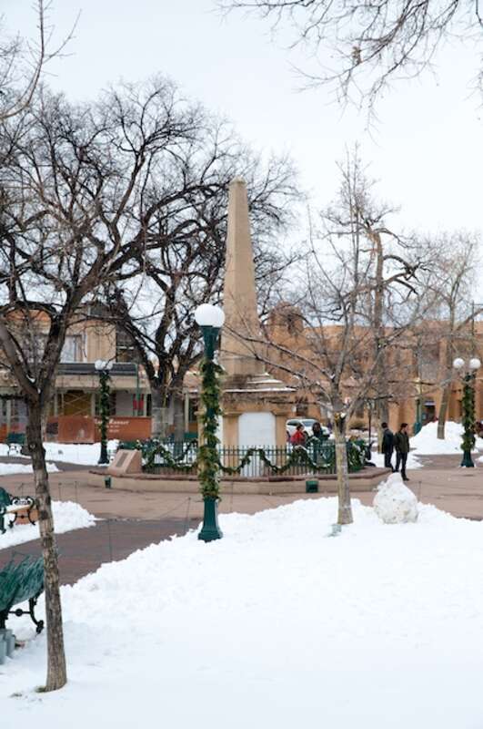 The plaza in downtown Santa Fe, covered in snow