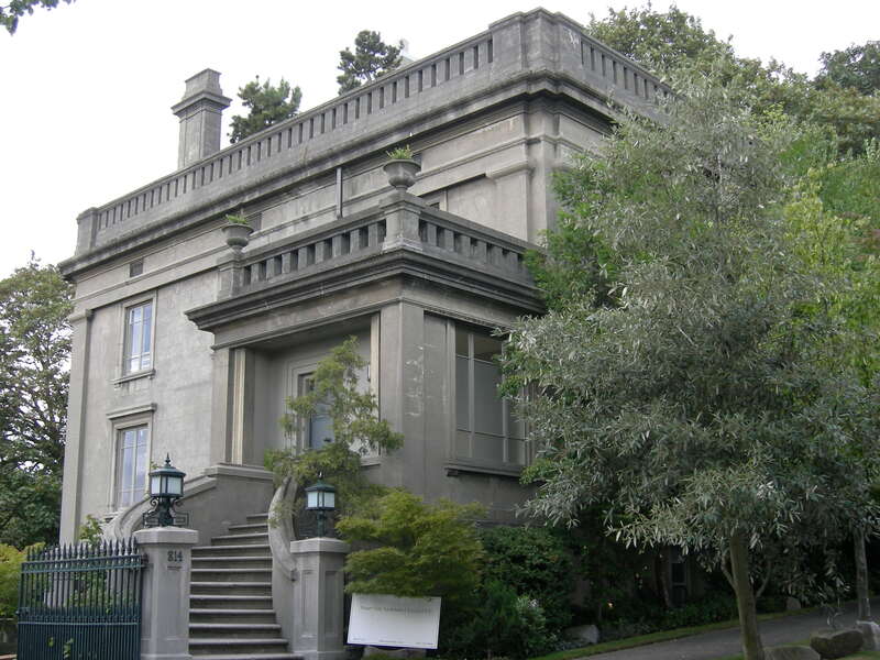 This concrete house on E Highland Drive in the Harvard Belmont Landmark District, Capitol Hill, Seattle, Washington, was built in 1910 for transportation magnate Samuel Hill. Architects: Hornblower and Marshall, based in Washington, D.C.  Both the