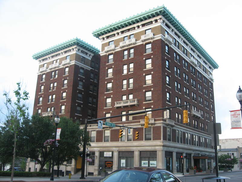 Western side of the Shawnee Hotel, located on the northeastern corner of the intersection of Main and Limestone Streets in downtown Springfield, Ohio, United States.  Built in 1916, it is listed on the National Register of Historic Places.
