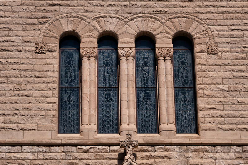 Windows on the main facade of St. Ambrose Cathedral in downtown Des Moines, Iowa