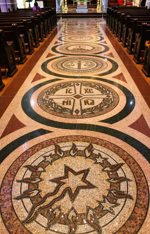 The floor of the main aisle in Saint Anthony Cathedral Basilica in Beaumont, Texas. It portrays the Seven virtues.
