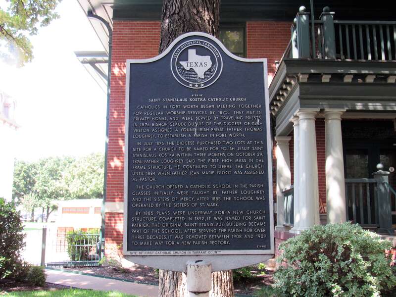 The Texas hisstorical mrker in front of the rectory at St. Patrick Cathedral in Fort Worth, Texas.