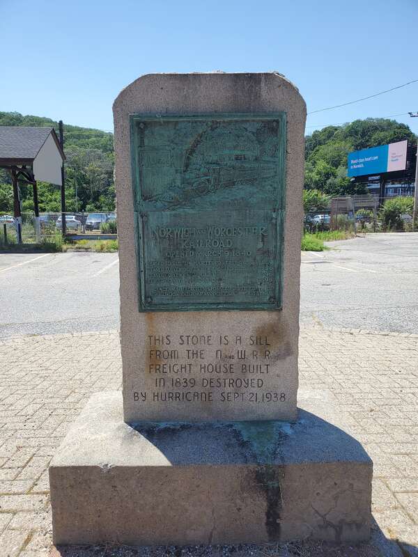 A sill stone from the Norwich freight house (the original 1839-built Norwich wharf station), destroyed in the 1938 hurricane, on display in Norwich, seen in June 2021
