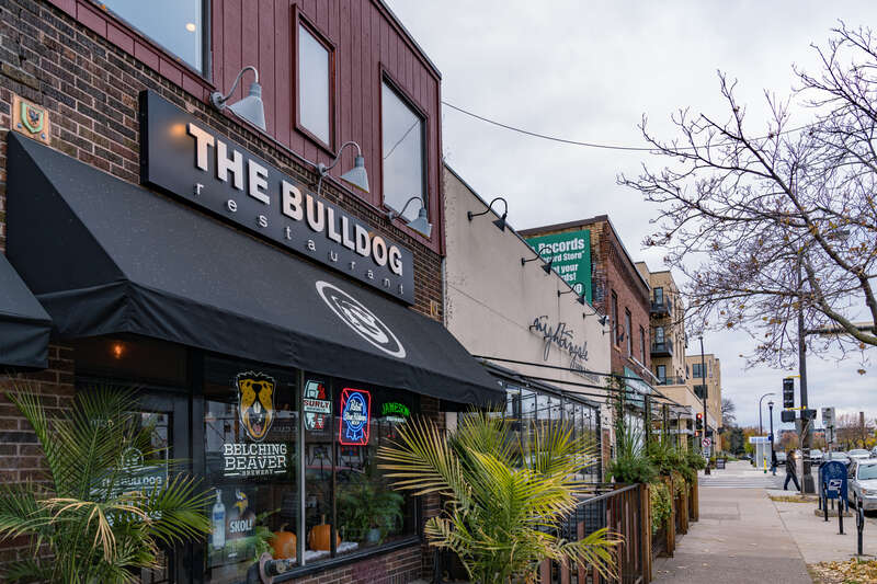 The Bulldog Uptown bar and grill restaurant at 2549 Lyndale Avenue South in the Whittier neighborhood of Minneapolis, Minnesota.