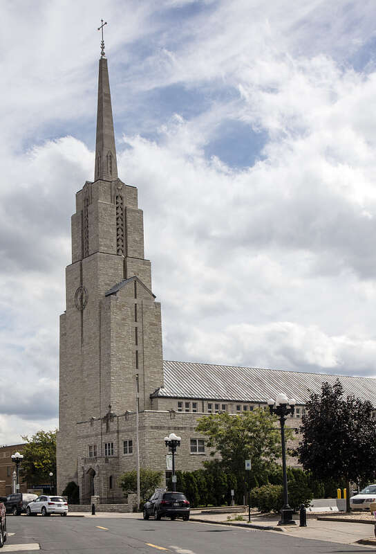 Title: The Cathedral of St. Joseph the Workman, the "mother church" of the Catholic Diocese of La Crosse, designed by architect Edward J. Schulte and completed in 1962 in the Mississippi River port of La Crosse, Wisconsin.  The cathedral is named for