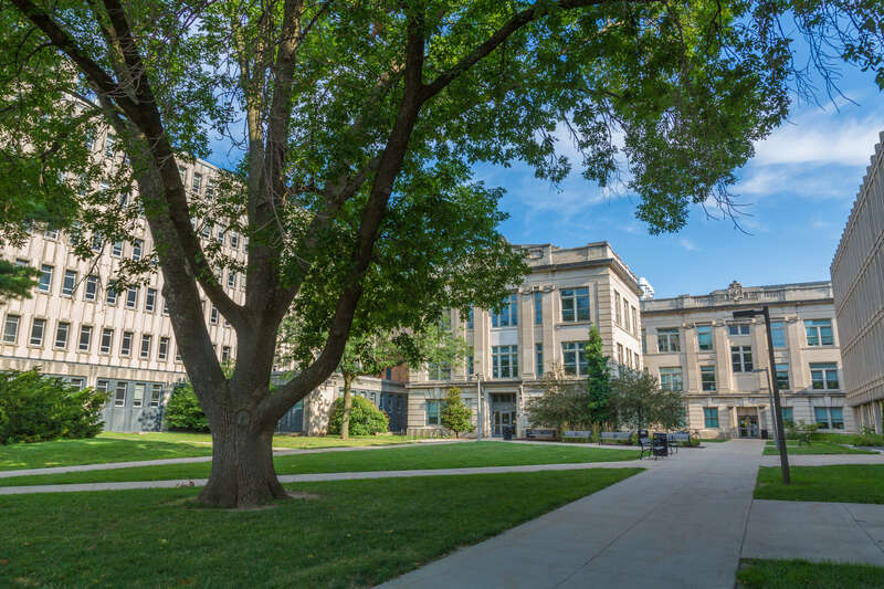 A grassy courtyard between the University of Iowa Sciences Library and Biology Building on Iowa Avenue in Iowa City, Iowa.