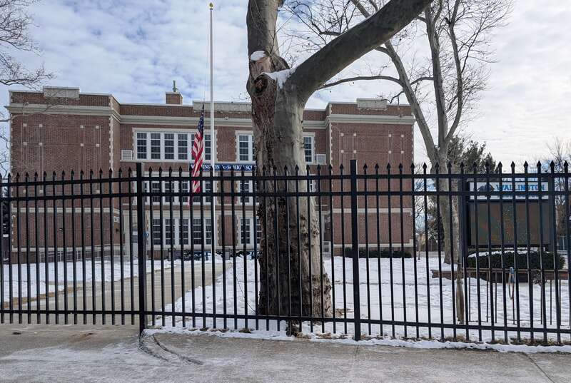Photo of the Wallington High School (officially Wallington Jr./Sr. High School) in Wallington, New Jersey. Photo taken from County Route 507 (Main Avenue) looking east-southeast.