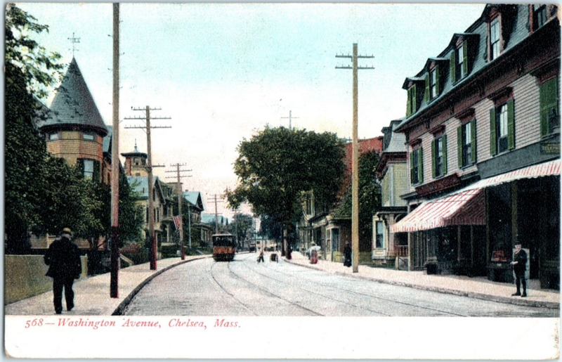 Divided back postcard of Washington Avenue in Chelsea, Massachusetts, viewed south from Bloomingdale Street. The card was postmarked in 1910. A Boston and Northern Street Railway streetcar is visible.