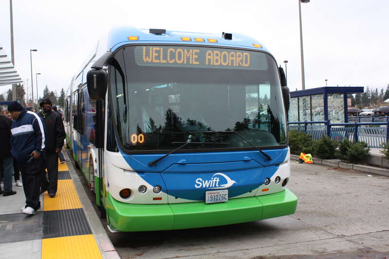 At the Aurora Village Transit Center--the southern terminus of Community Transit's Swift BRT line, this bus took riders to the grand opening ceremony at Crossroads in Lynnwood.

Even though it says welcome aboard they actually kicked us off shortly