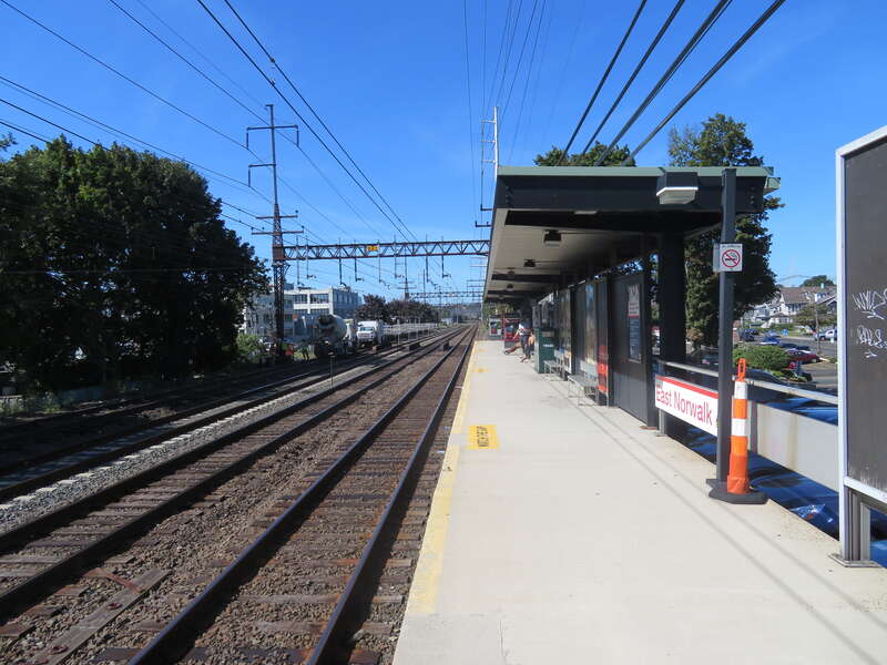 The westbound platform at East Norwalk station in September 2018