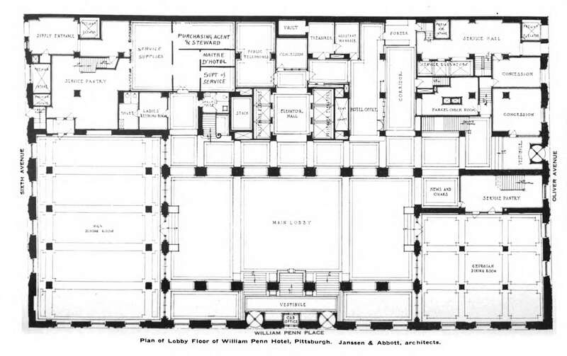 William Penn Hotel (now Omni William Penn Hotel), Pittsburgh, Pennsylvania, original lobby floor plan (main floor). Janssen and Abbott, architects.