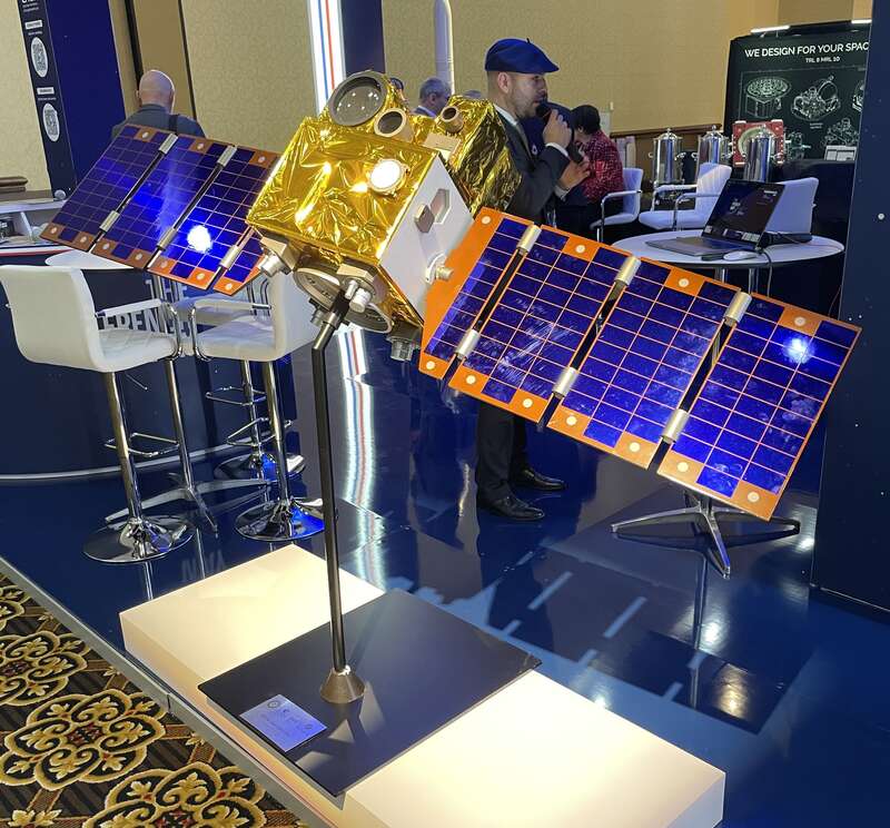 Mock-up of the planned YODA (Yeux en Orbite pour une Démonstration Agile) satellite built for CNES to monitor activity in the GEO belt on display at the 2025 Space Symposium.