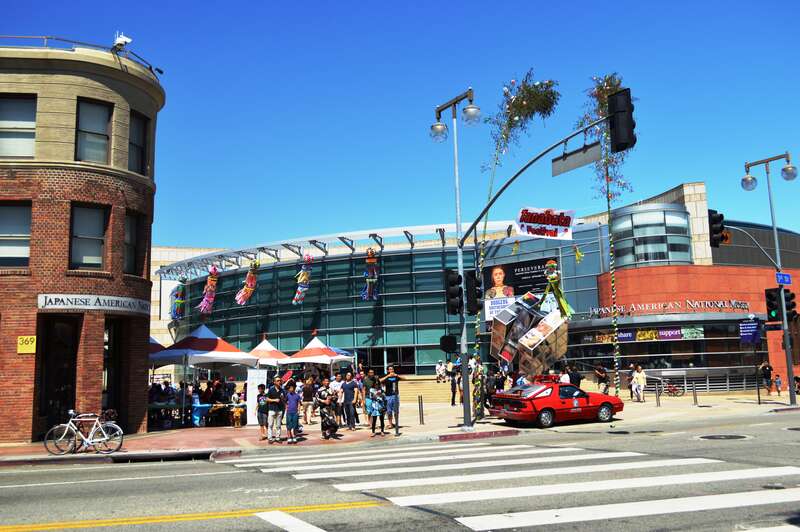Old (left) and new Japanese American National Museum during the 6th Los Angeles Tanabata Festival (2014) - Little Tokyo Historic District, Downtown Los Angeles.