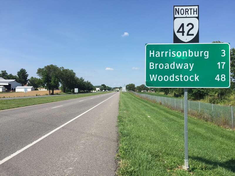 View north along Virginia State Route 42 (John Wayland Highway) just north of Virginia State Route 290 (Huffman Drive) in Dayton, Rockingham County, Virginia