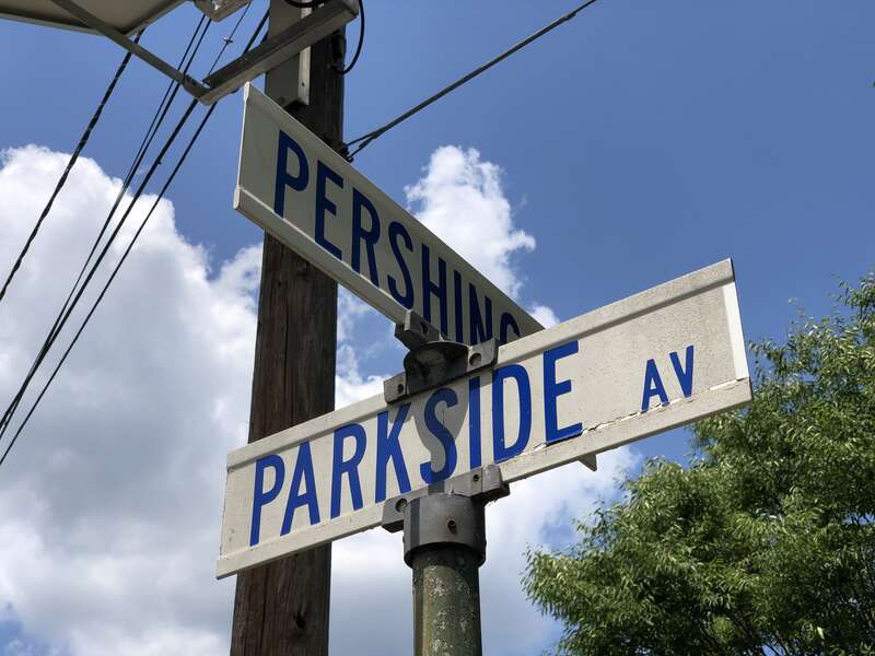 Sign at the intersection of Mercer County Route 636 (Parkside Avenue) and Pershing Avenue in Ewing Township, Mercer County, New Jersey