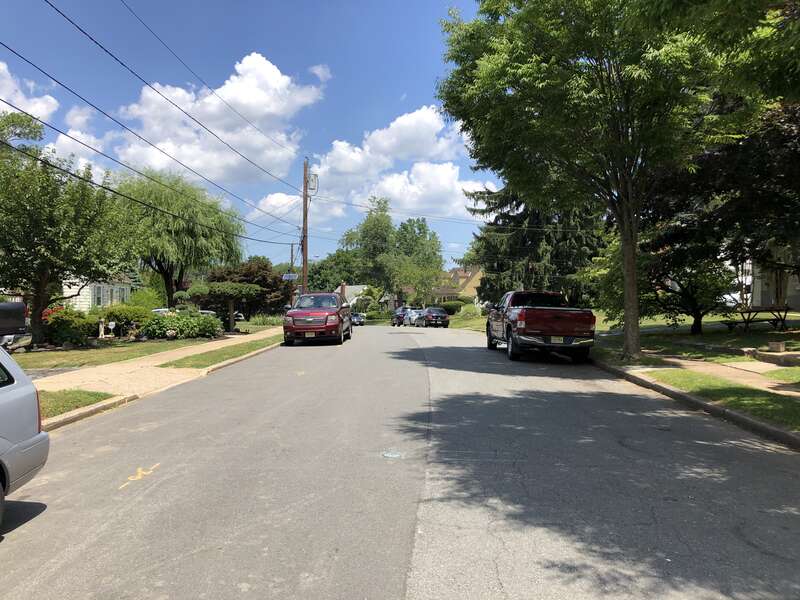 View north along Pershing Avenue at Mercer County Route 636 (Parkside Avenue) in Ewing Township, Mercer County, New Jersey