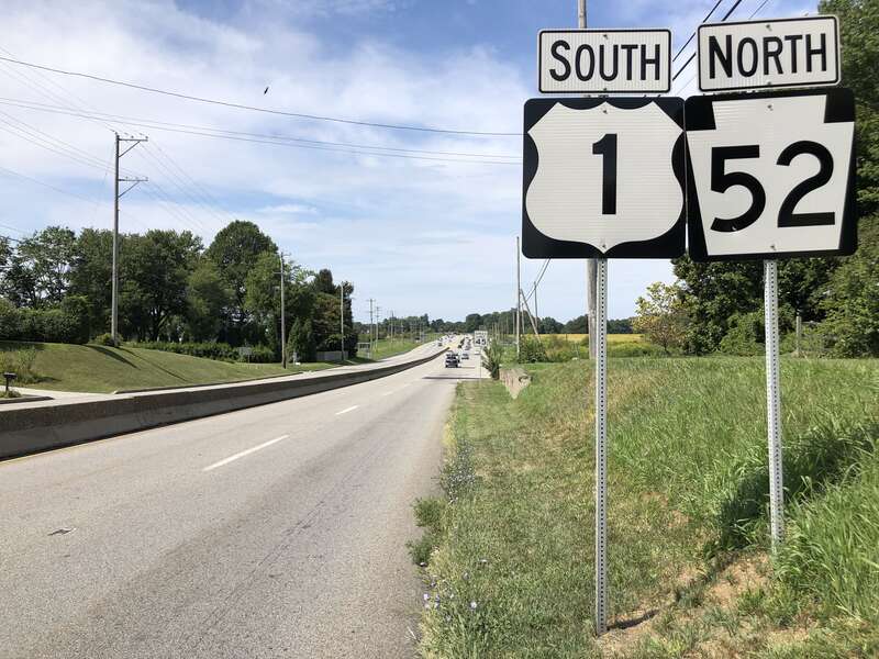View south along U.S. Route 1 and north along Pennsylvania State Route 52 (Baltimore Pike) just west of Elmwood Drive in Kennett Township, Chester County, Pennsylvania