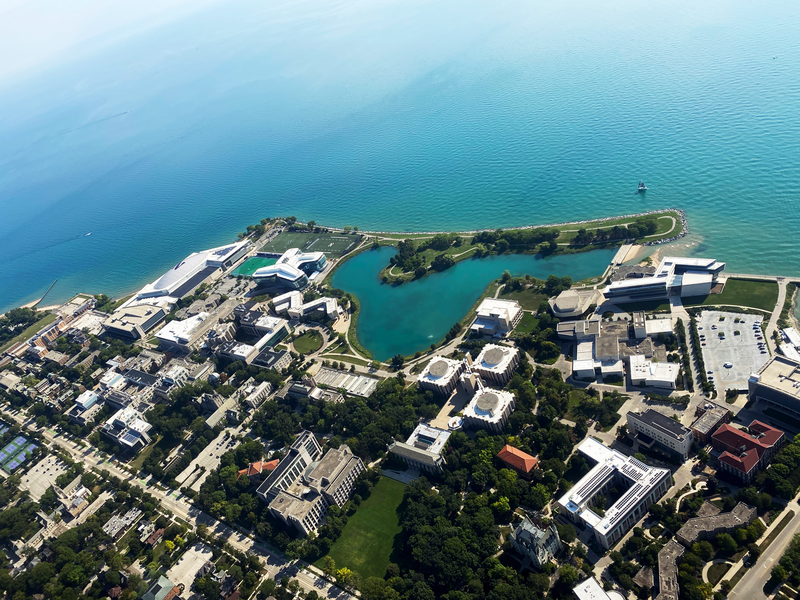 Aerial view of Northwestern University Evanston Campus. Flyby on August 15, 2020.