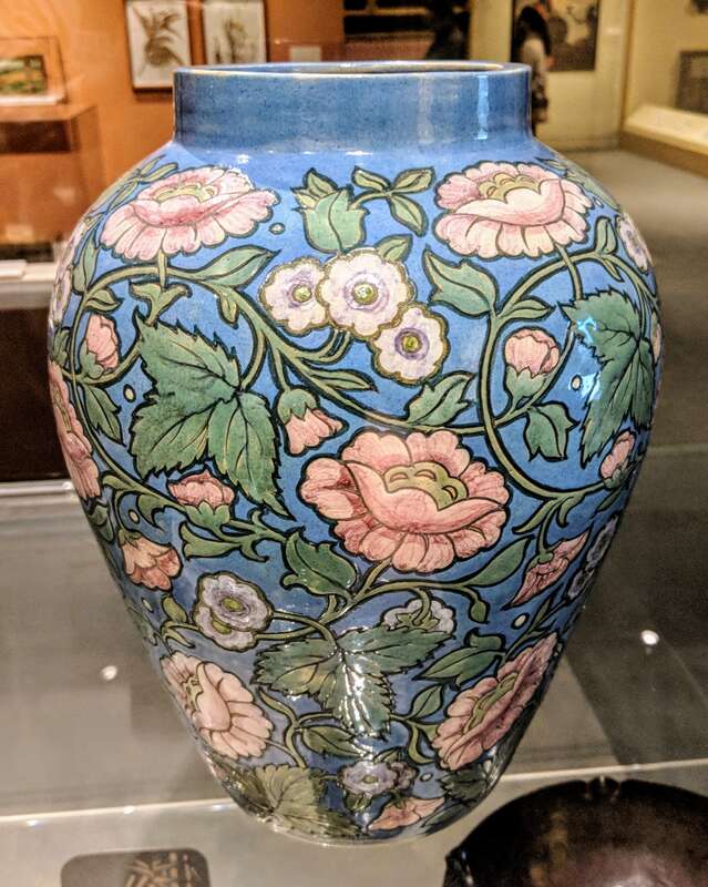 A glazed eathenware pottery vase made by Arequipa pottery  in approximately 1911-1918. On display at the Oakland Museum of California.  Photo by Jim Heaphy.