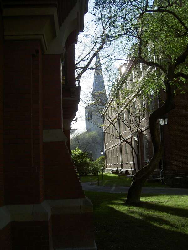 Harvard Square's First Parish Church as viewed from Harvard Yard.