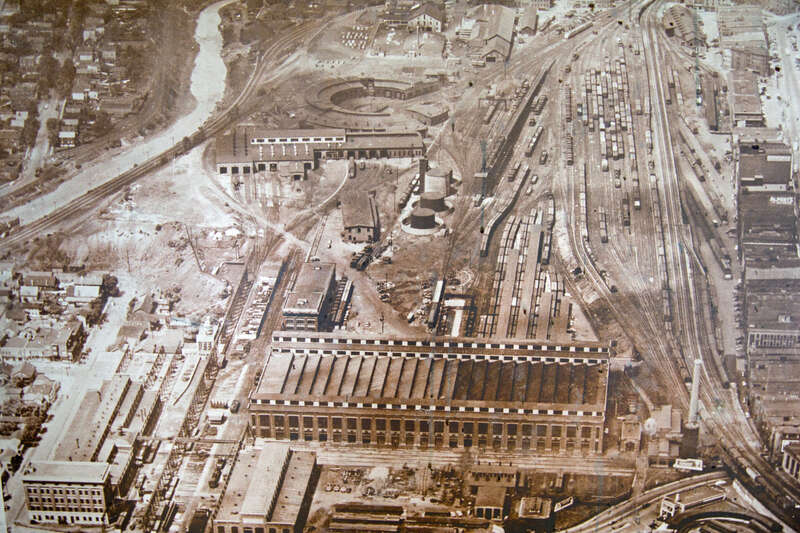 Aerial view of the Delaware, Lackawanna and Western Railroad shops in Scranton, Pennsylvania.