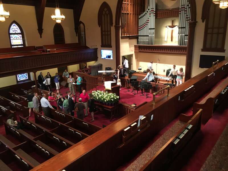 First Baptist Church Wilmington Interior facing Altar from Balcony, showing seating