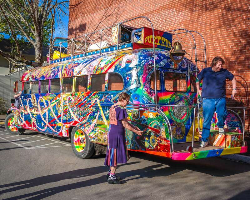 The current incarnation of Ken Kesey's bus, Further, photographed at the Springfield's Kesey exhibit in Springfield, Oregon