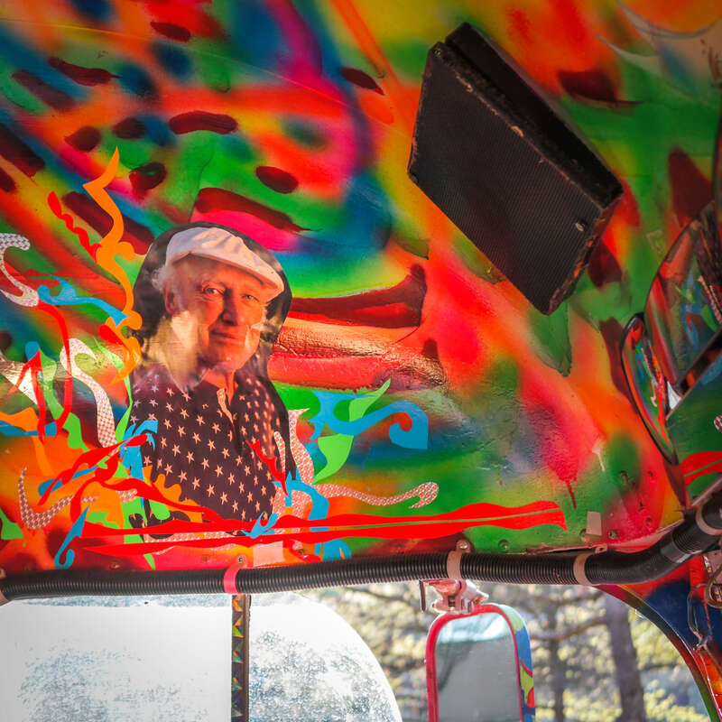 The current incarnation of Ken Kesey's bus, Further, photographed at the Springfield's Kesey exhibit in Springfield, Oregon