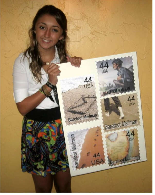 Hayley Crowell of Boca Raton holds five "postage stamps" she designed in an effort to get the USPS to issue acommemorative stamp to honor the Barefoot Mailmen of the 1880's &amp;amp; 90's. (2010 photo) Hayley has a popular Facebook page that chronicles