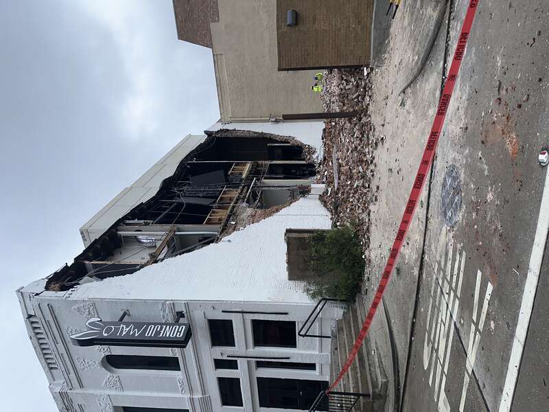 Straight-line wind damage inflicted to a low-rise building in Houston, Texas, during the May 16, 2024 derecho.