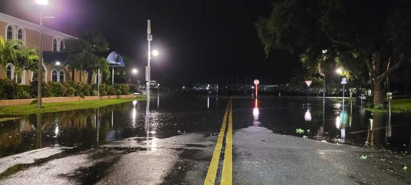 Storm surge near downtown Saint Petersburg, Florida from Hurricane Idalia. The