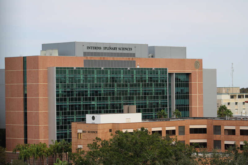 The Interdisciplinary Sciences Building (ISA) at the University of South Florida as viewed from the south from the Beard Parking Garage in October 2024