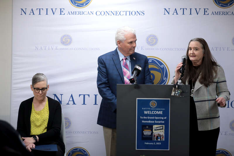 Governor Katie Hobbs, Surprise Mayor Skip Hall and Diana Yazzie Devine speaking with attendees at the grand opening of Homebase hosted by Native American Connections in Surprise, Arizona.

Please attribute to Gage Skidmore if used elsewhere.