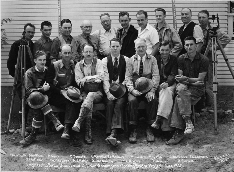Lake Washington Floating Bridge engineering crew, Seattle, Washington, U.S., 1940