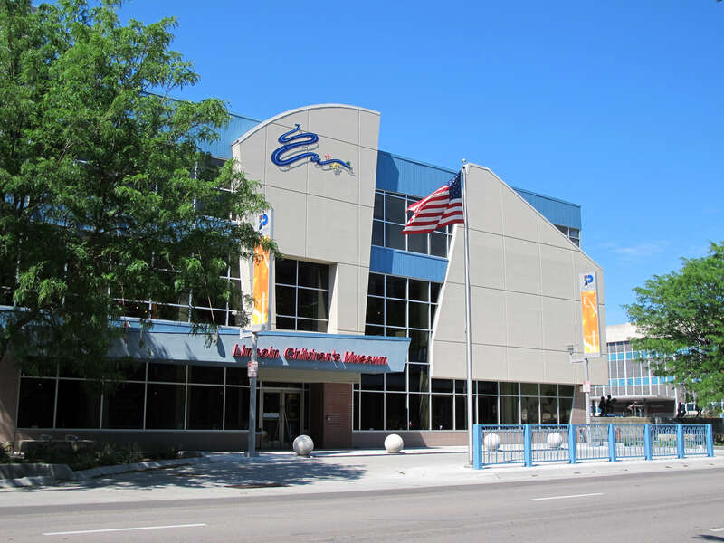 Photo of the Lincoln Children's Museum, 1420 "P" Street in Lincoln, Nebraska.  Photo is looking northeast from the south side of "P" Street, towards the south side and main entrance of the museum.
