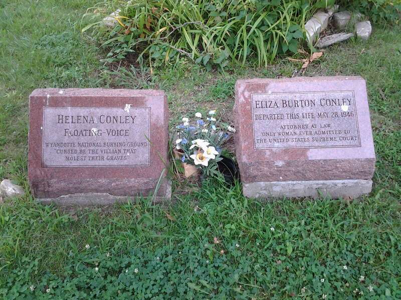 Gravesite of Eliza Burton "Lyda" Conley in the Huron Indian Cemetery in Kansas City, Kansas, along with that of her sister Helena "Lena" Conley. Lyda Conley was the first woman admitted to the Kansas bar and is notable for her fight to preserve the
