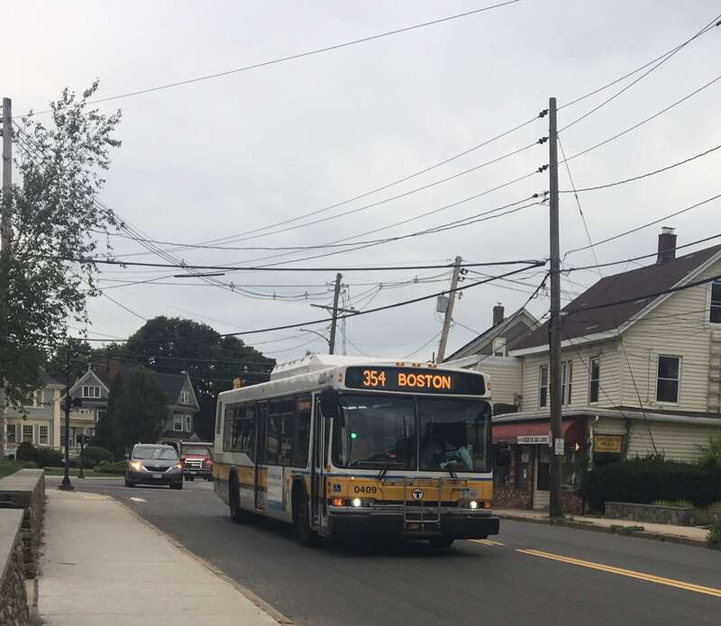 MBTA route 354 bus on Pleasant Street in Woburn in July 2020