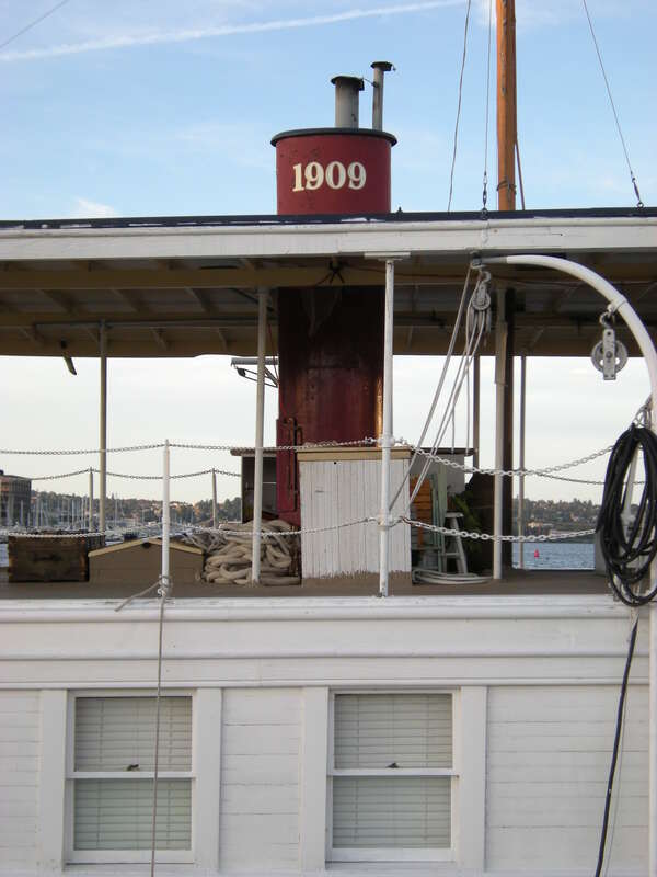 Detail of MV Lotus, normally moored in Olympia, Washington, visiting Northwest Seaport, Seattle, Washington. The 1909 boat is listed on the National Register of Historic Places.