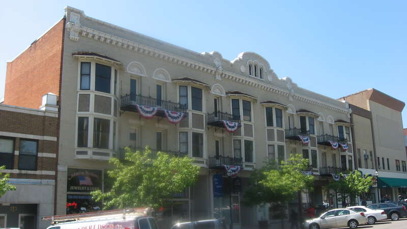Front of the May Realty Building, located at 22-32 S. Park Street in Mansfield, Ohio, United States.  Built in 1905, it is listed on the National Register of Historic Places.