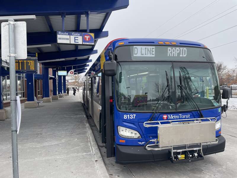 Metro D Line bus on layover at Brooklyn Center Transit Center in Brooklyn Center, Minnesota.